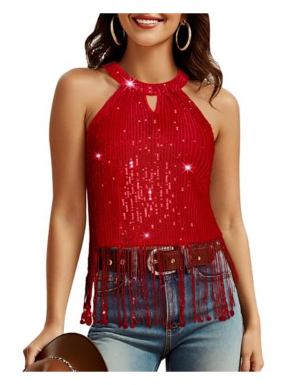 Sequin Halter Fringe Tank Top Country Concert Sparkly Cowgirl Disco Party
